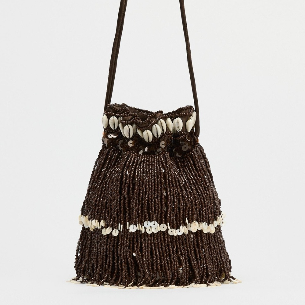 Zara Brown Sequin Glitter Shell Mini Bucket Bag Chocolate 6548/510
